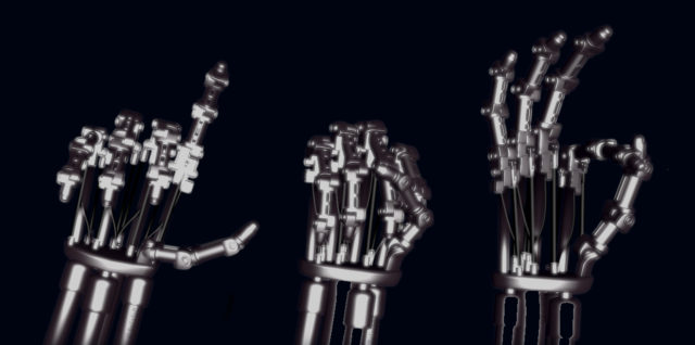 3 mains robotique style Terminator gris métallique sur fond noir signant les 3 lettres L S F