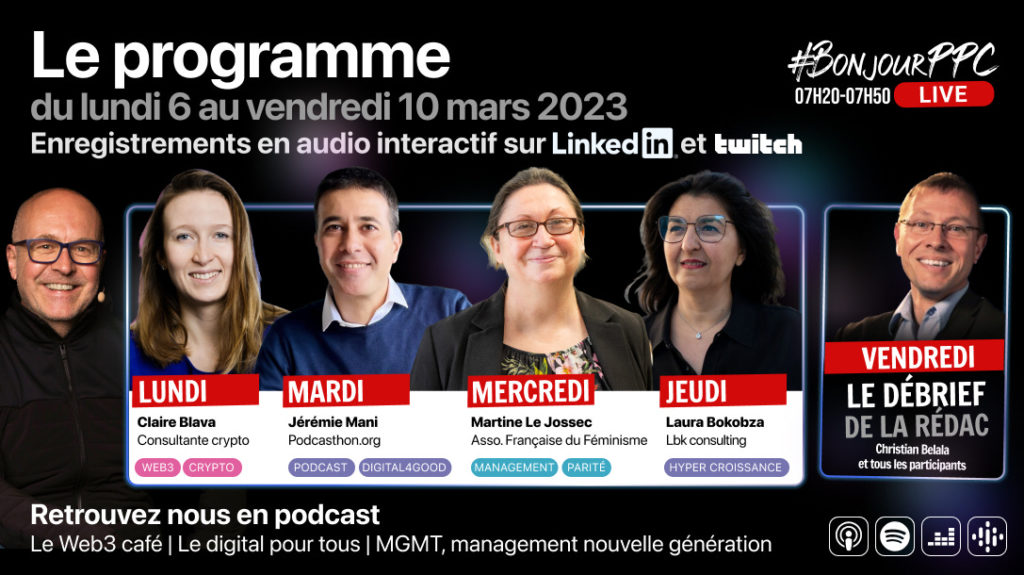 Affiche du programme de la semaine du 6 mars avec la photo des invités au micro de @PPC, Claire Jérémie Martine Laura et Christian