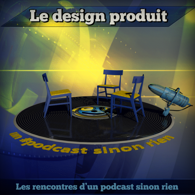 Illustration 3D de 3 chaises bleu et jaune sur un disque vynil géant tournant, avec en guise de tête de lecture un microphone bleu, fond lumineux teint jaune et bleu en mouvement style JT, titrage de l'épisode concerné, composition 3D crée par @BelalaC Christian Belala sans IA