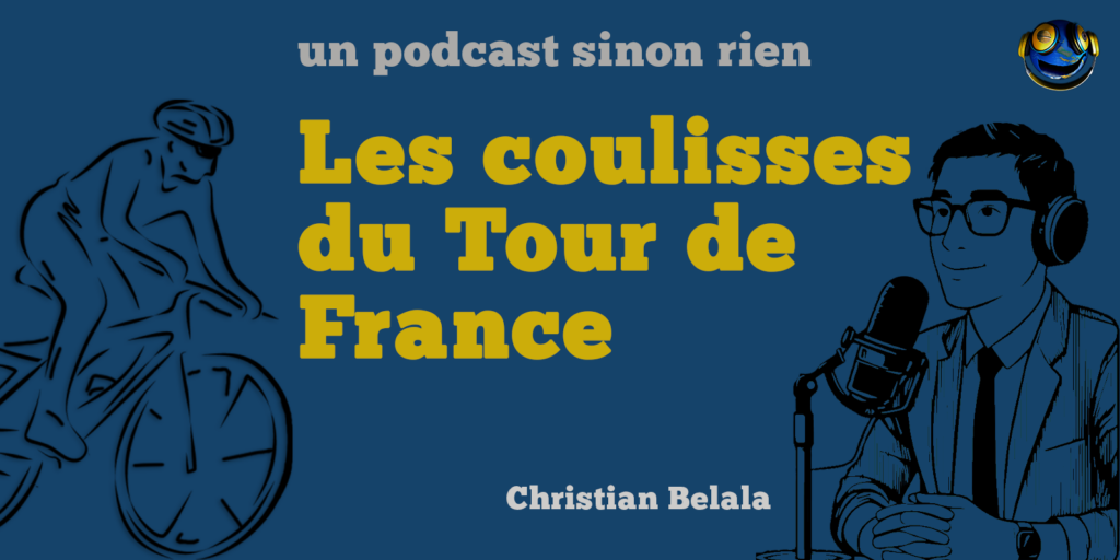 Bannière de l'épisode avec le titre en jaune sur fond bleu habituel, et Christian en dessin trait sur la droite et un cycliste style sportif tour de France sur la gauche au dessin trait