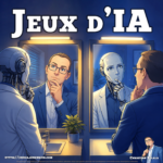 Jeux d'IA Vignette du podcast Jeux d'IA de Christian Belala.
Christian regarde dans un miroir d'un air interrogatif main sur menton, dans le reflet un robot humanoïde au même comportement en effet miroir, à côté un autre miroir inverse la situation ou le robot humanoïde regarde son reflet qui est Christian.
Illustration imaginée et décrite par Christian Belala puis générée en partie via IA et composée avec les outils traditionnels de création graphique par Christian.