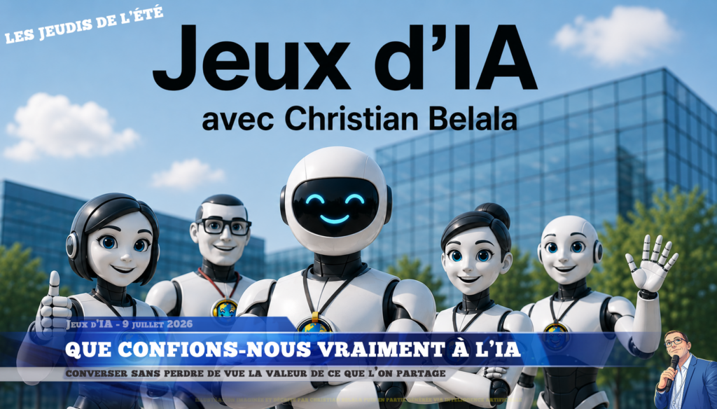 Illustration imaginée et décrite par Christian Belala puis générée en partie avec l'aide d'intelligence artificielle, représentant 5 robots humanoïdes souriant faisant coucou de la main, pouce levée, ou croisant les bras, avec en titre "Jeux d'IA" et 'avec Christian Belala', avec en filigrane 'les jeudis de l'été', et Christian sous forme d'illustration en bas à droite tenant un micro.
L'habillage de un podcast sinon rien sous forme de jt télévisuel indique les informations de l'épisode, Jeux d'IA - 9 juillet 2026 / Que confions-nous vraiment à l'IA / Converser sans perdre de vue la valeur de ce que l'on partage.