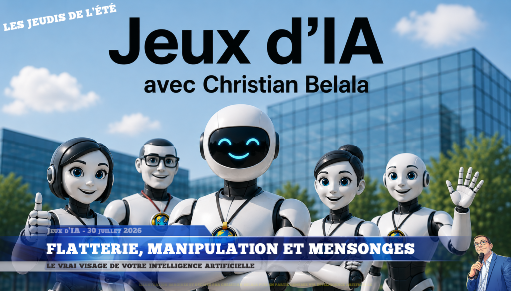 Illustration imaginée et décrite par Christian Belala puis générée en partie avec l'aide d'intelligence artificielle, représentant 5 robots humanoïdes souriant faisant coucou de la main, pouce levée, ou croisant les bras, avec en titre "Jeux d'IA" et 'avec Christian Belala', avec en filigrane 'les jeudis de l'été', et Christian sous forme d'illustration en bas à droite tenant un micro.
L'habillage de un podcast sinon rien sous forme de jt télévisuel indique les informations de l'épisode, Jeux d'IA - 30 juillet 2026 / Flatterie, manipulation et mensonges / Le vrai visage de votre intelligence artificielle