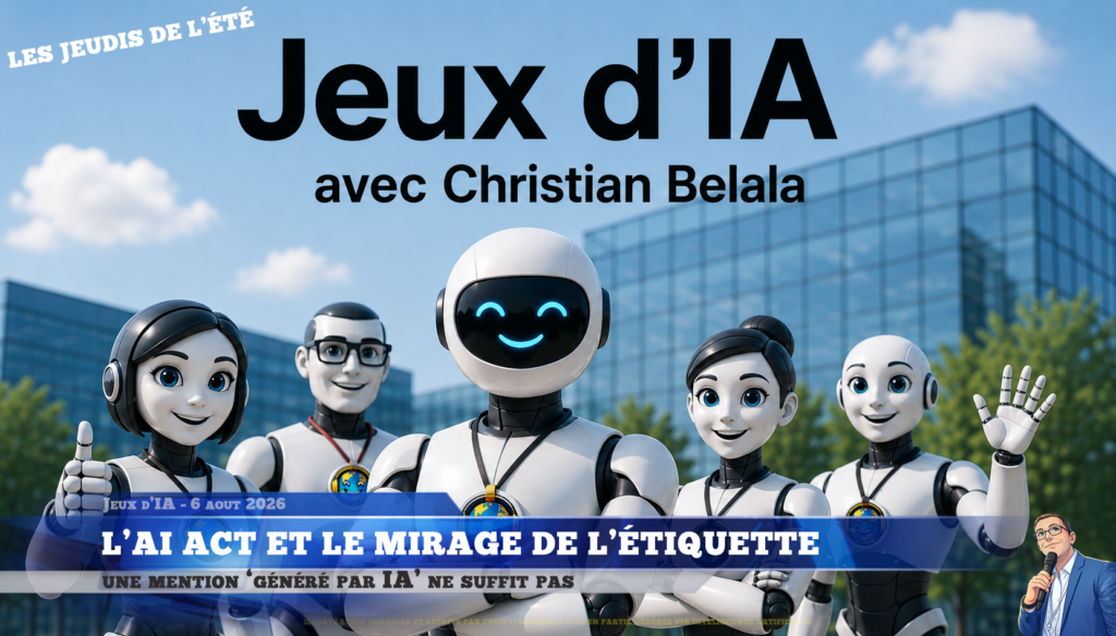 Illustration imaginée et décrite par Christian Belala puis générée en partie avec l'aide d'intelligence artificielle, représentant 5 robots humanoïdes souriant faisant coucou de la main, pouce levée, ou croisant les bras, avec en titre "Jeux d'IA" et  'avec Christian Belala', avec en filigrane 'les jeudis de l'été', et Christian sous forme d'illustration en bas à droite tenant un micro.
L'habillage de un podcast sinon rien sous forme de jt télévisuel indique les informations de l'épisode, Jeux d'IA - 6 aout 2026 / L'AI Act et le mirage de l'étiquette / Une mention "généré par IA" ne suffit pas