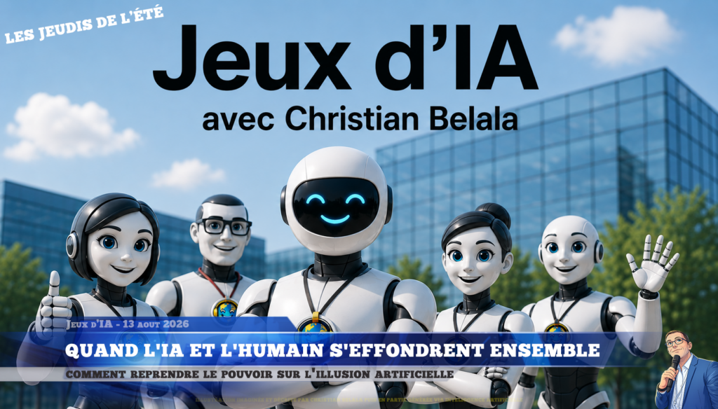 Illustration imaginée et décrite par Christian Belala puis générée en partie avec l'aide d'intelligence artificielle, représentant 5 robots humanoïdes souriant faisant coucou de la main, pouce levée, ou croisant les bras, avec en titre "Jeux d'IA" et  'avec Christian Belala', avec en filigrane 'les jeudis de l'été', et Christian sous forme d'illustration en bas à droite tenant un micro.
L'habillage de un podcast sinon rien sous forme de jt télévisuel indique les informations de l'épisode, Jeux d'IA - 13 aout 2026 / Quand l'IA et l'humain s'effondrent ensemble / Comment reprendre le pouvoir sur l'illusion artificielle